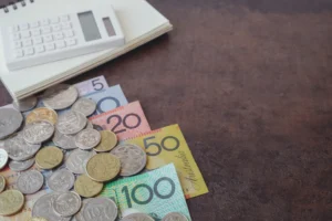 Australian money, AUD calculator, and notebook, copy space background