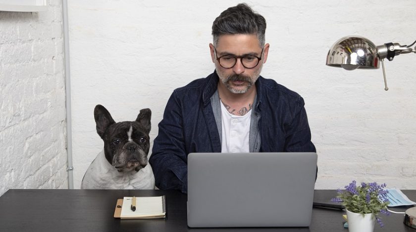 Man with glasses freelance working from home with his dog sitting together at workspace