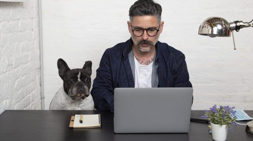 Man with glasses freelance working from home with his dog sitting together at workspace